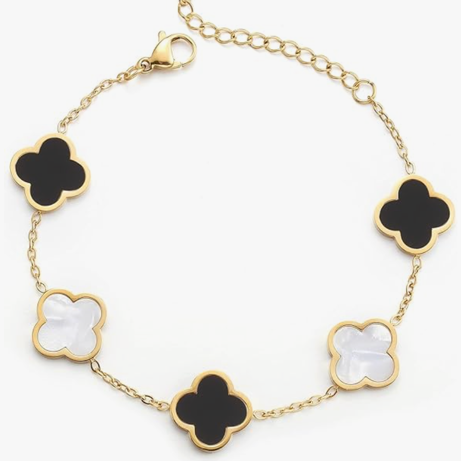 18K Gold White & Black Clover Lucky Bracelet