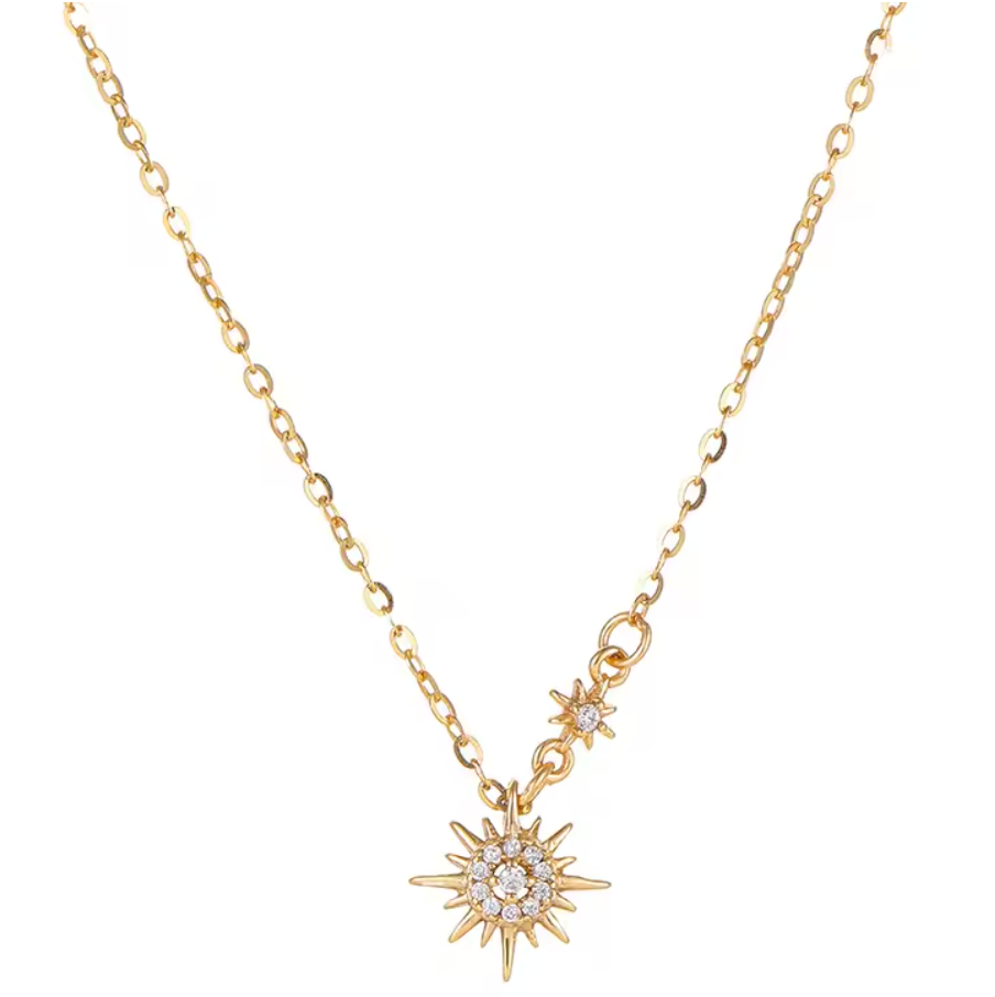 Dainty 925 Sterling Silver Sunburst and North Star Pendant