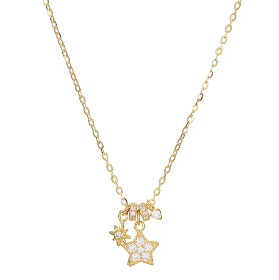 Dainty Celestial Charm Necklace with Zircon Star and Sun Accents